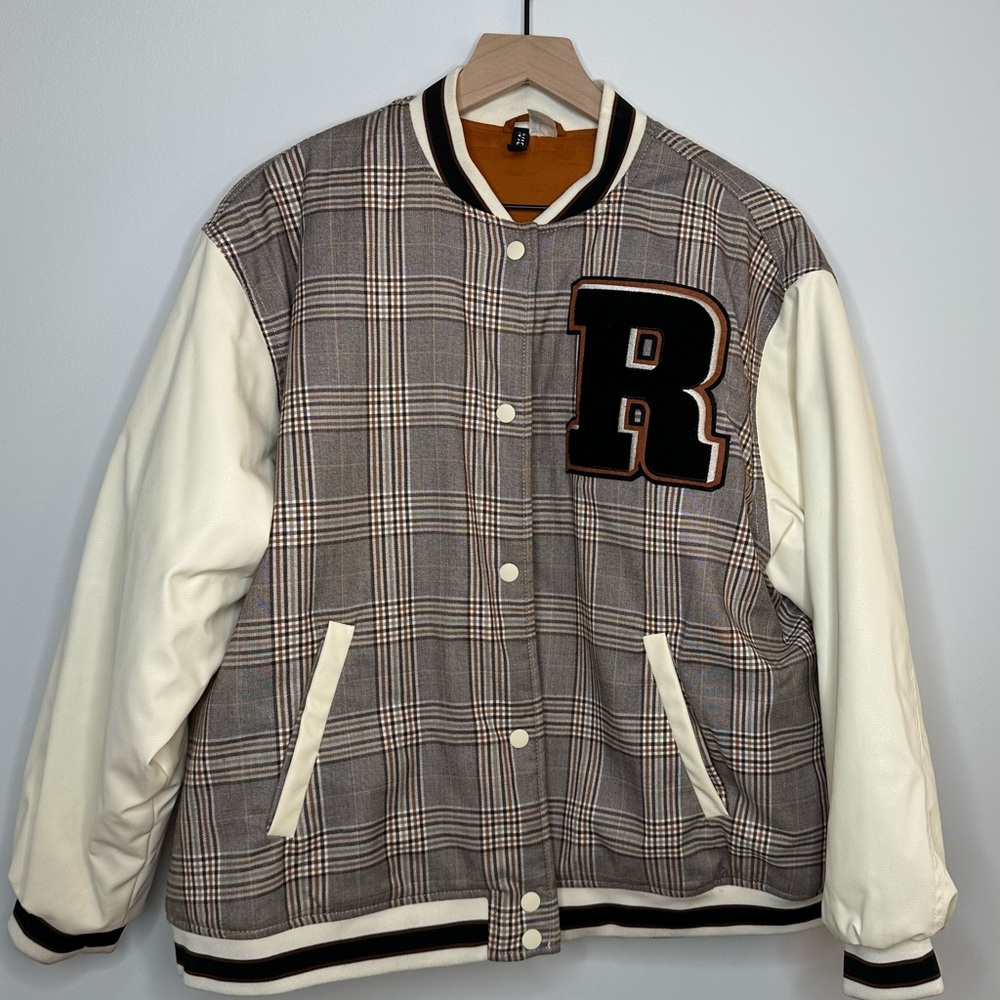 H&M Gray and Cream Varsity Jacket